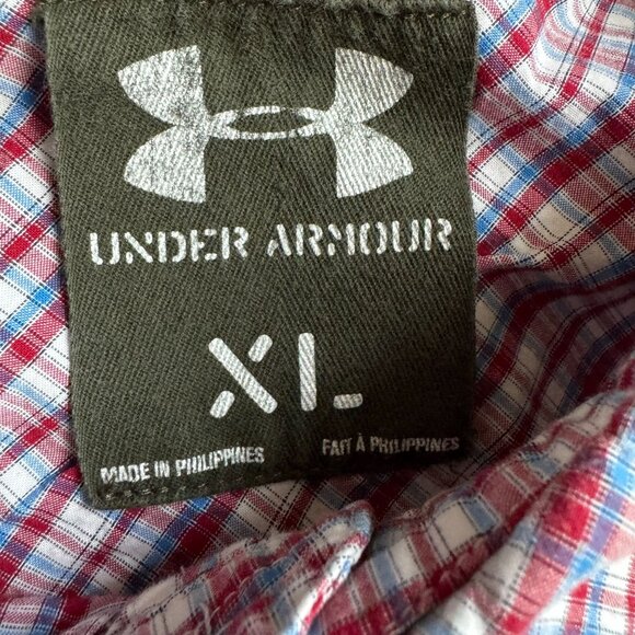 Under Armour Mens‎ XL Plaid Button Up Short Sleeve Shirt Cotton Blend Red Blue - Picture 4 of 7